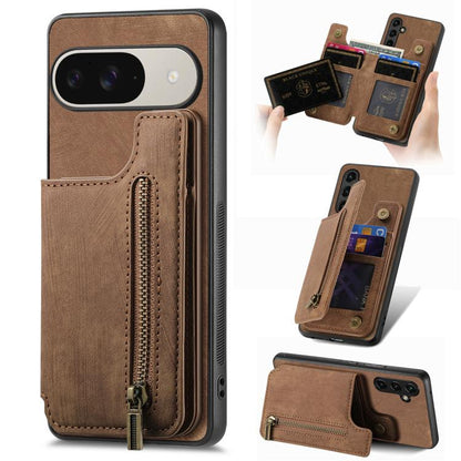Retro Leather Zipper Wallet Back Phone Case, For Google Pixel 6, For Google Pixel 10 / 10 Pro