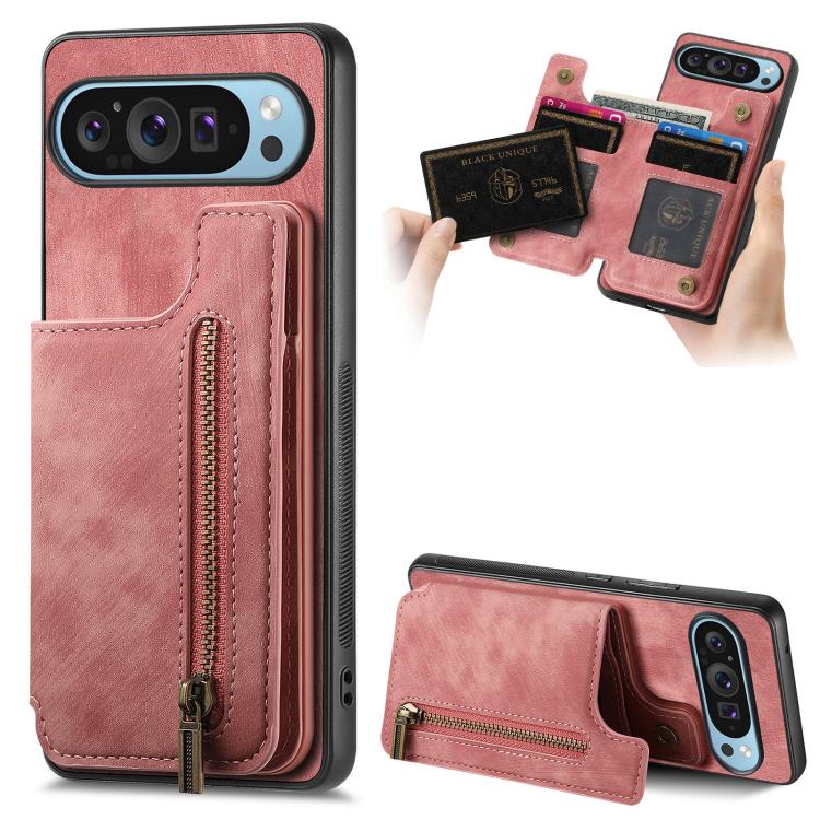 Pink leather zipper wallet phone case with card slots and camera cutout on back.