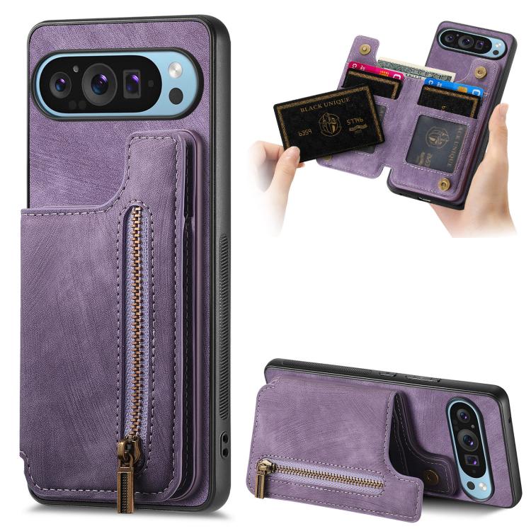 Purple leather zipper wallet phone case with card slots and camera cutout on back.