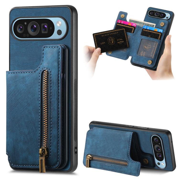 Blue leather zipper wallet phone case with card slots and camera cutout on back.
