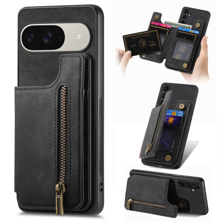 Black leather zipper wallet phone case with card slots and camera cutout on back.