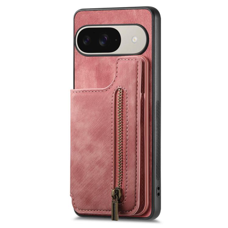 Pink retro leather zipper wallet phone case with card holder and stitched edges
