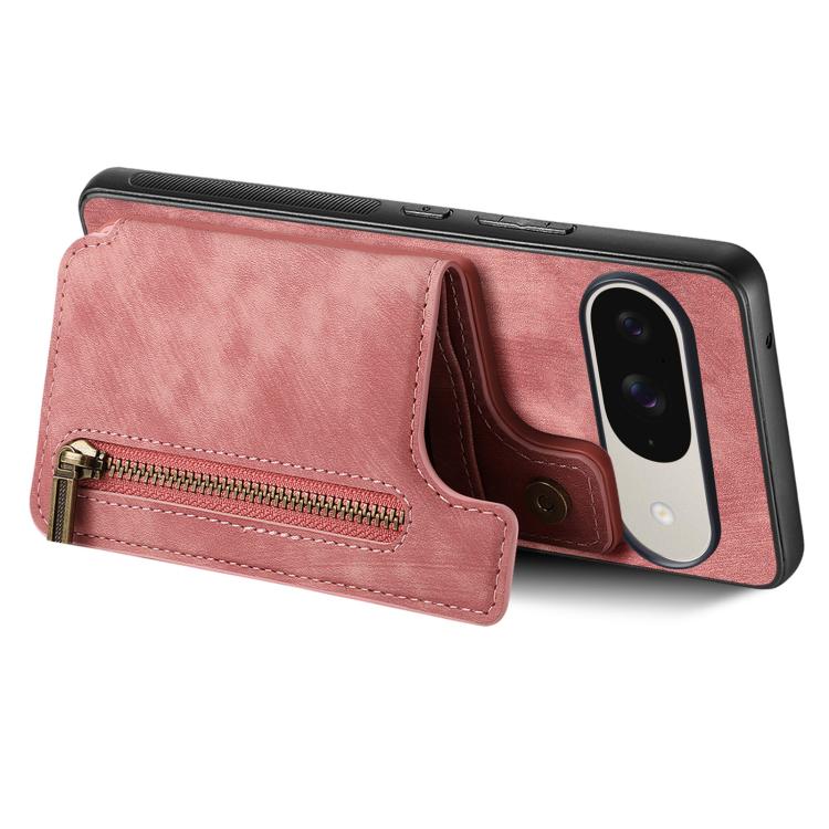 Pink retro leather zipper wallet phone case with flip card holder, rear camera cutout