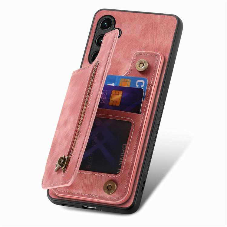 Pink retro leather zipper wallet phone case with card window and zipper pouch