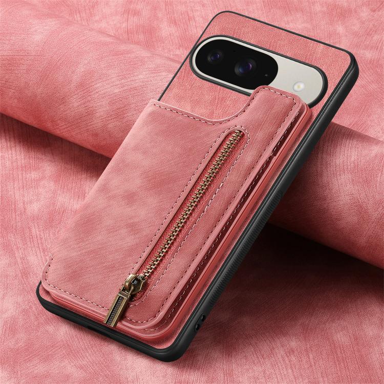 Pink retro leather zipper wallet phone case close-up with zipper and card slot