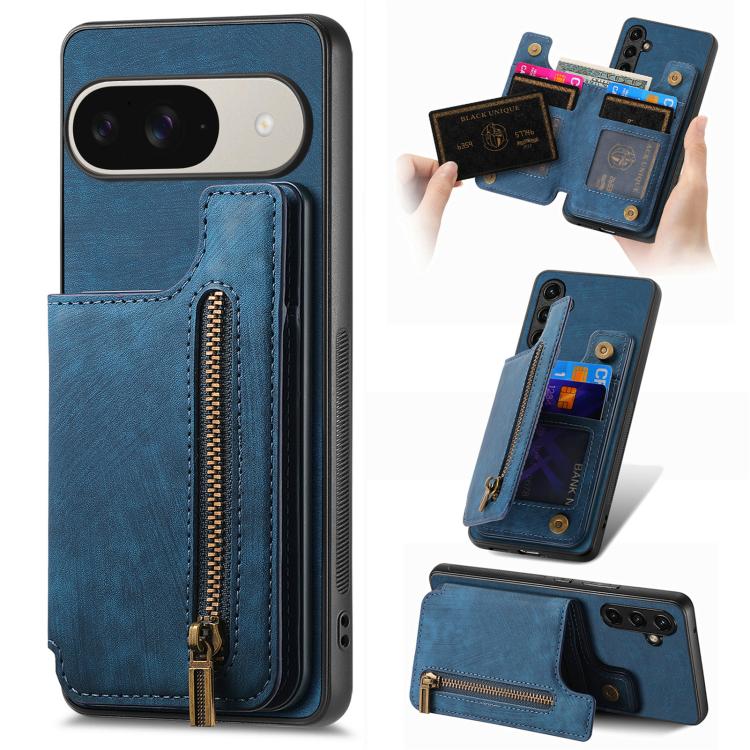 Blue retro leather zipper wallet phone case with card slots and zipper closure