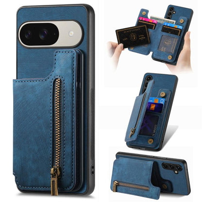 Blue retro leather zipper wallet phone case with card slots and zipper closure