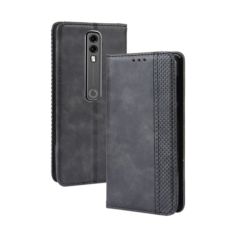 Black flip leather phone case with textured exterior and cutouts for camera and ports