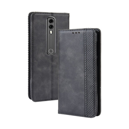 Black flip leather phone case with textured exterior and cutouts for camera and ports