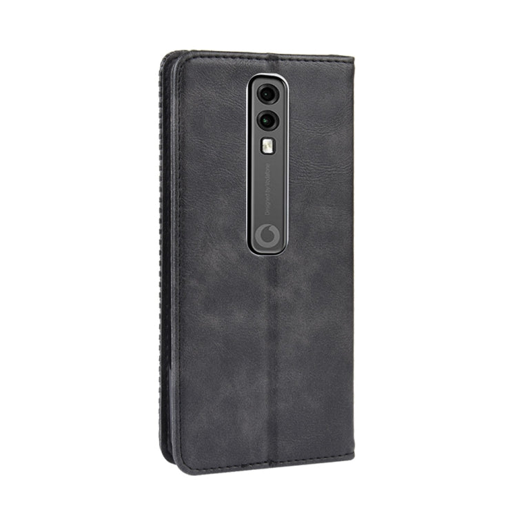 Black flip leather phone case with camera cutout on the back and stitched edges