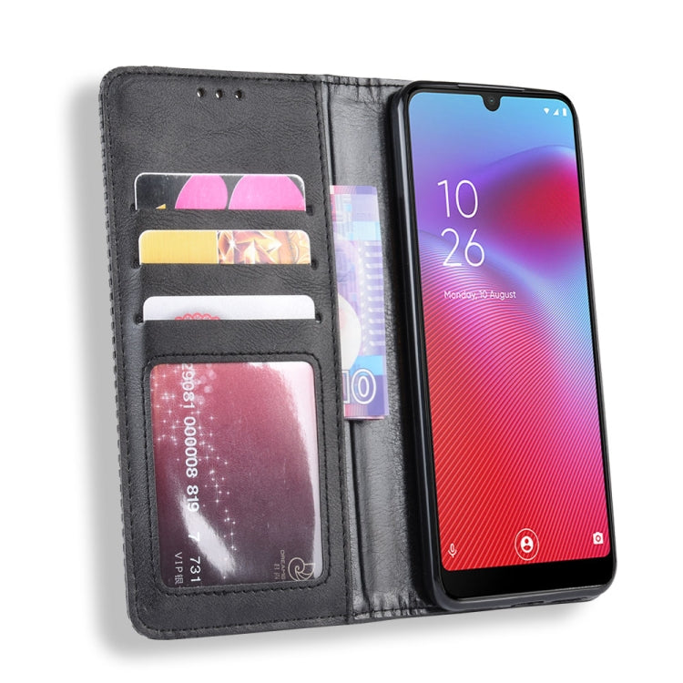 Black folio flip phone case with card slots and photo window, used in stand mode