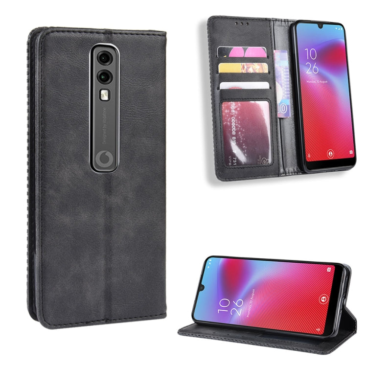 Black flip phone case with card slots and photo window, shown closed and in stand view