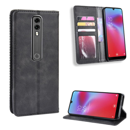 Black flip phone case with card slots and photo window, shown closed and in stand view
