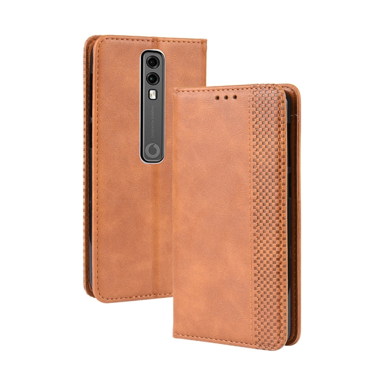Brown retro leather flip phone case with card slots and textured side frame