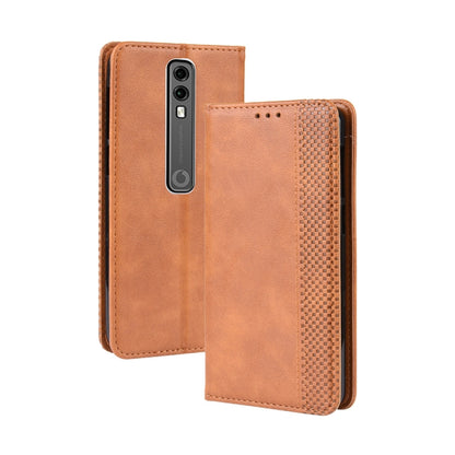 Brown retro leather flip phone case with card slots and textured side frame