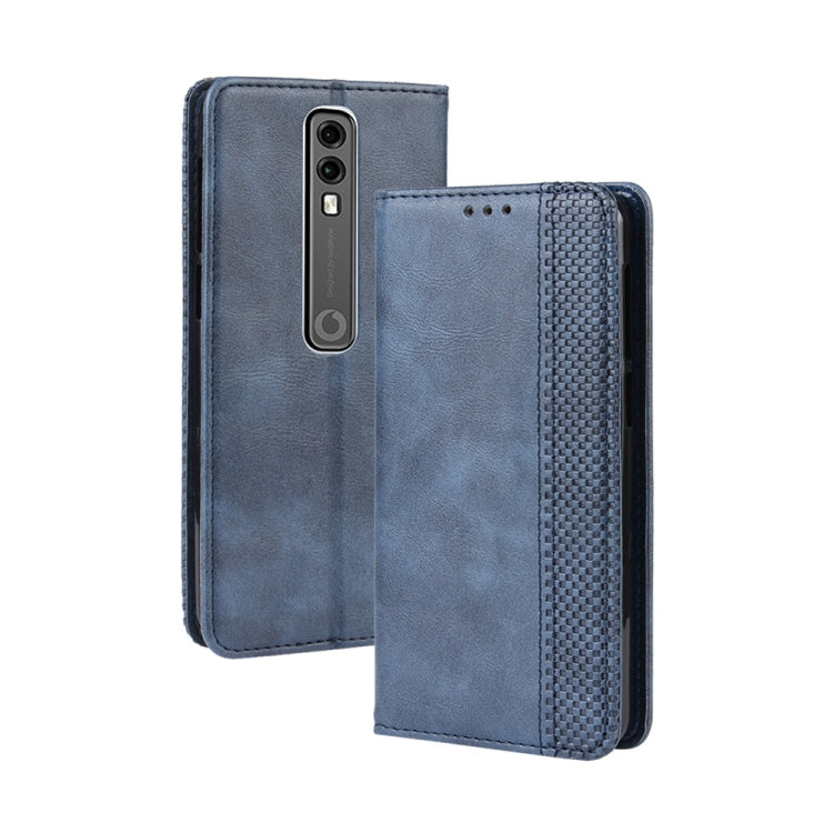 Blue retro leather flip phone case with card slots and textured side frame
