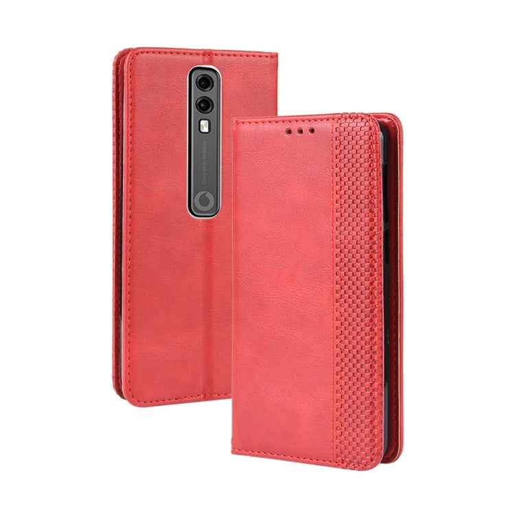 Red retro leather flip phone case with card slots and textured side frame