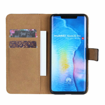Leather flip holster open view with card slots and phone held by side bracket