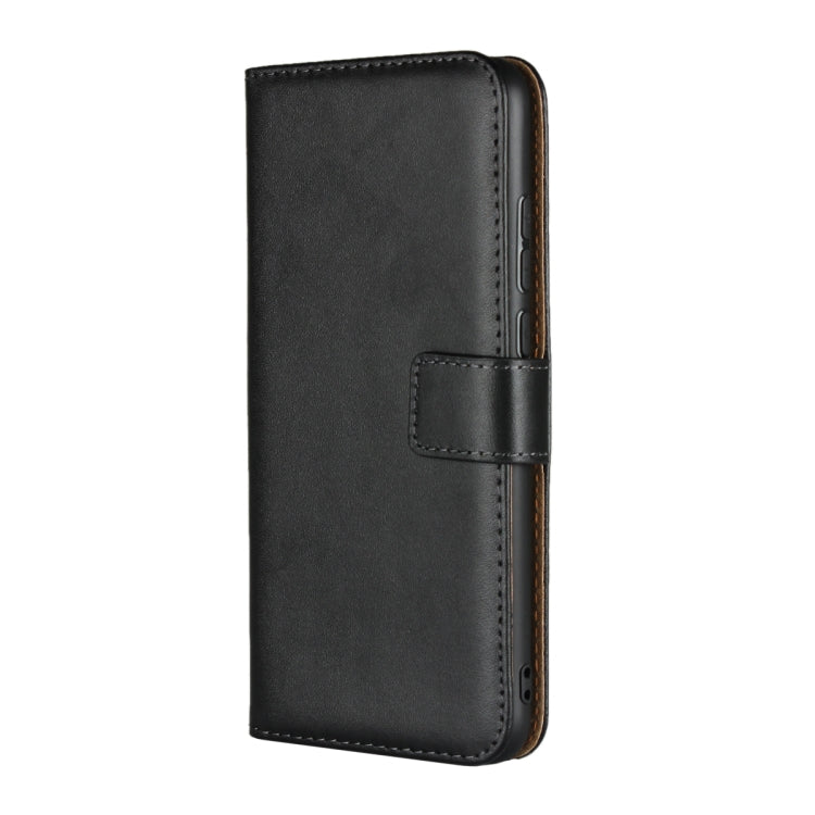 Black leather flip phone wallet holster with front closure strap and stitching