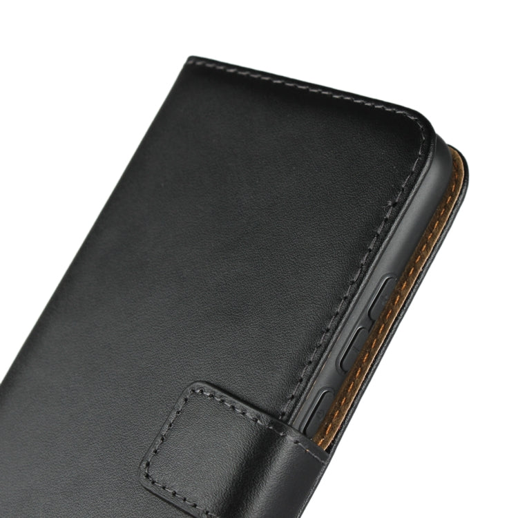 Black leather flip phone wallet holster edge view with visible phone cutouts
