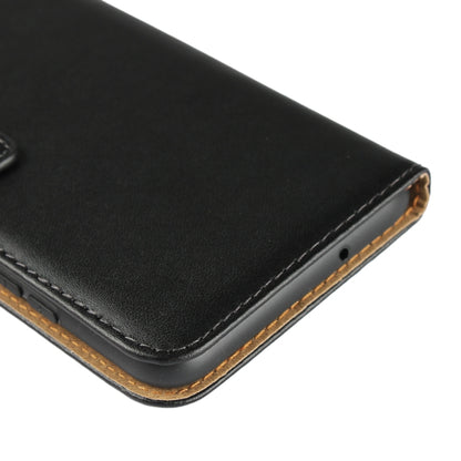 Black leather flip phone wallet holster with rounded corner and contrast stitching