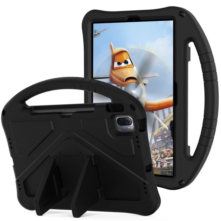 Black shockproof tablet case with handle and foldable stand, with camera opening