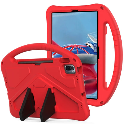 Red shockproof tablet case with handle and foldable stand, with camera opening