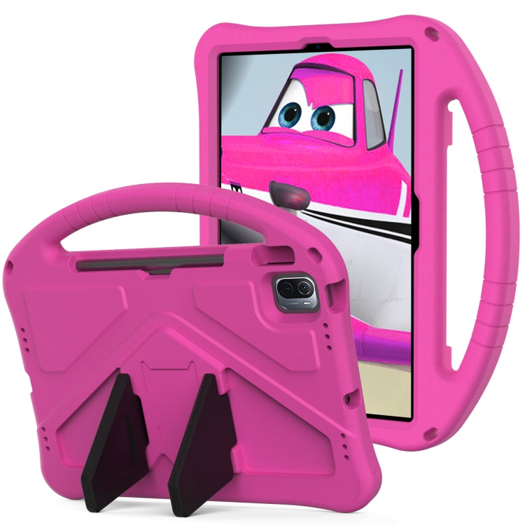 Pink shockproof tablet case with handle and foldable stand, with camera opening