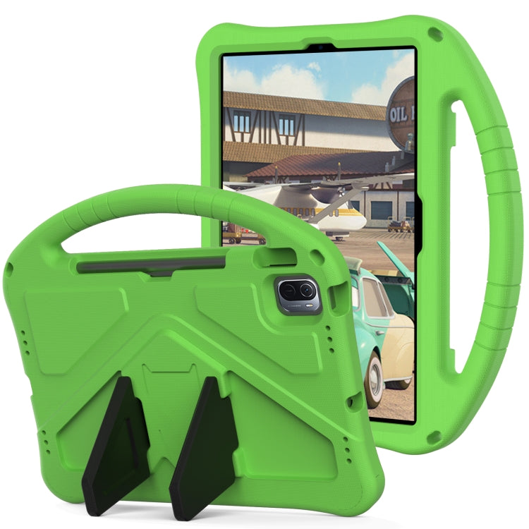 Light green shockproof tablet case with handle and foldable stand, with camera opening