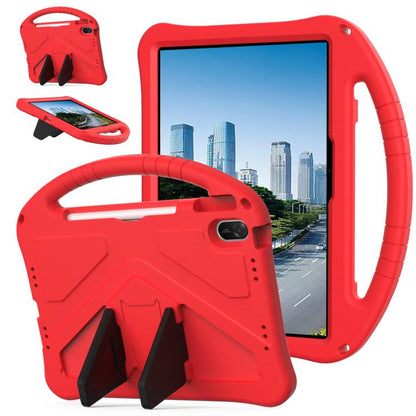 Red EVA shockproof tablet case with handle, kickstand, and camera cutout
