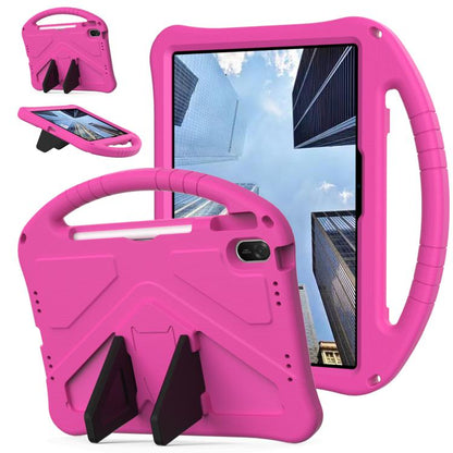 Pink EVA shockproof tablet case with handle, kickstand, and camera cutout