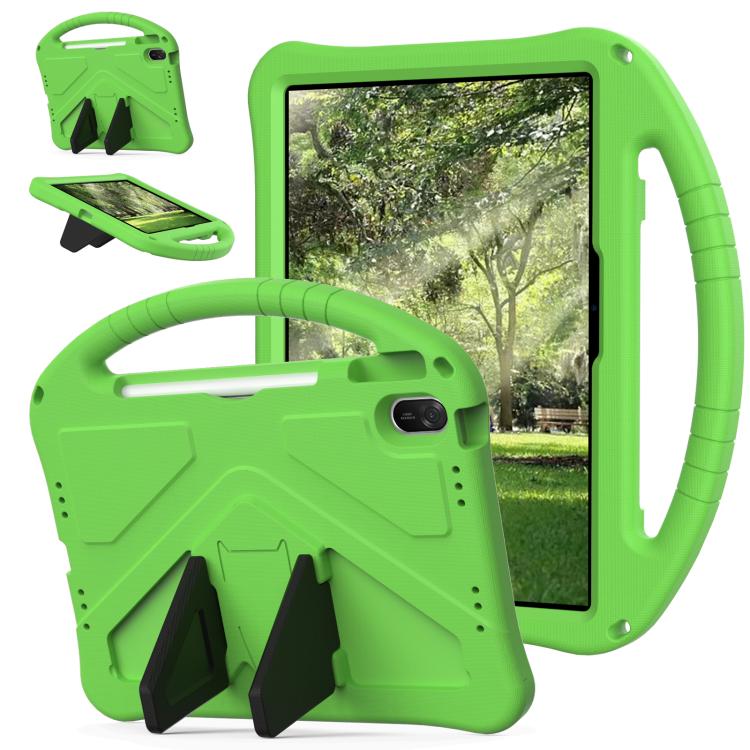 Green shockproof tablet case with handle and foldable stand, with camera opening