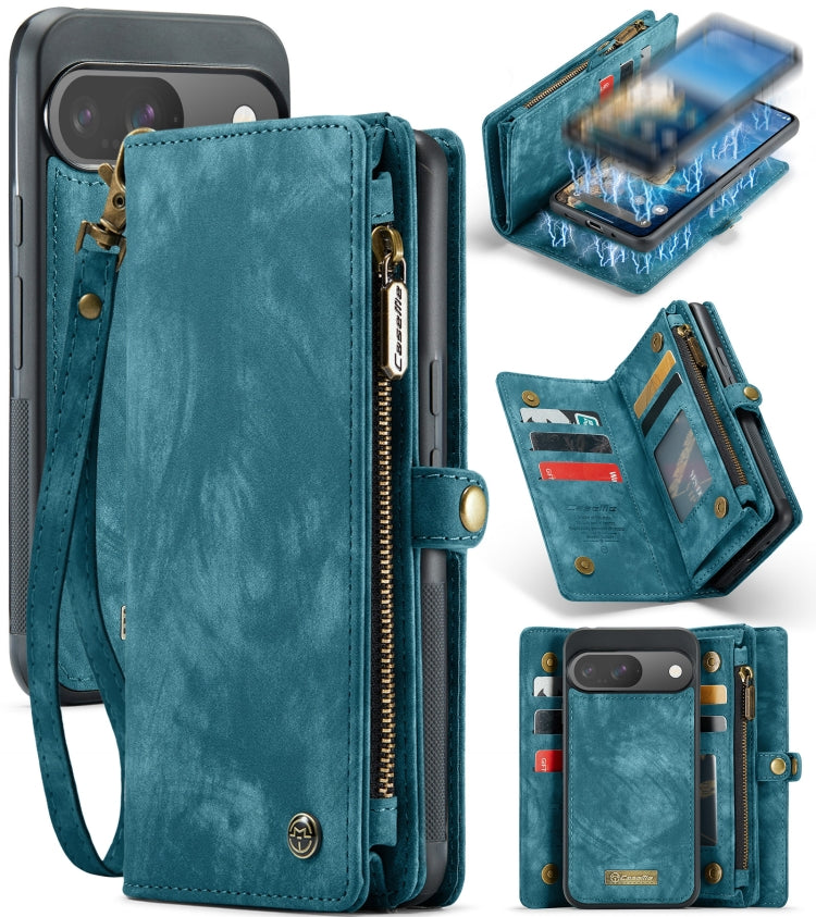 Blue leather phone wallet case with zipper closure, wrist strap and inner card holder pockets