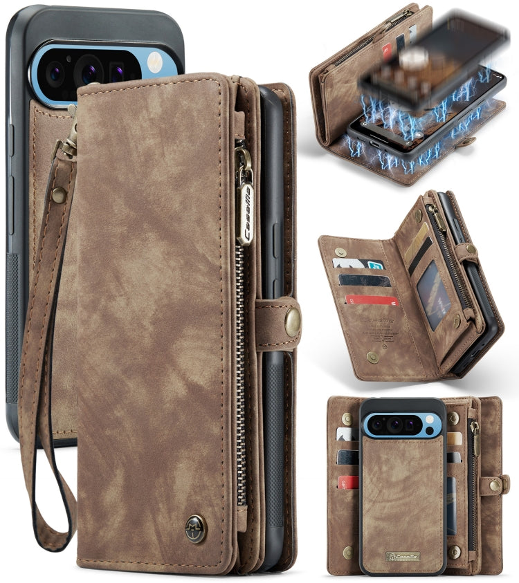 Brown leather phone wallet case with wrist strap, zipper closure and card slot pockets