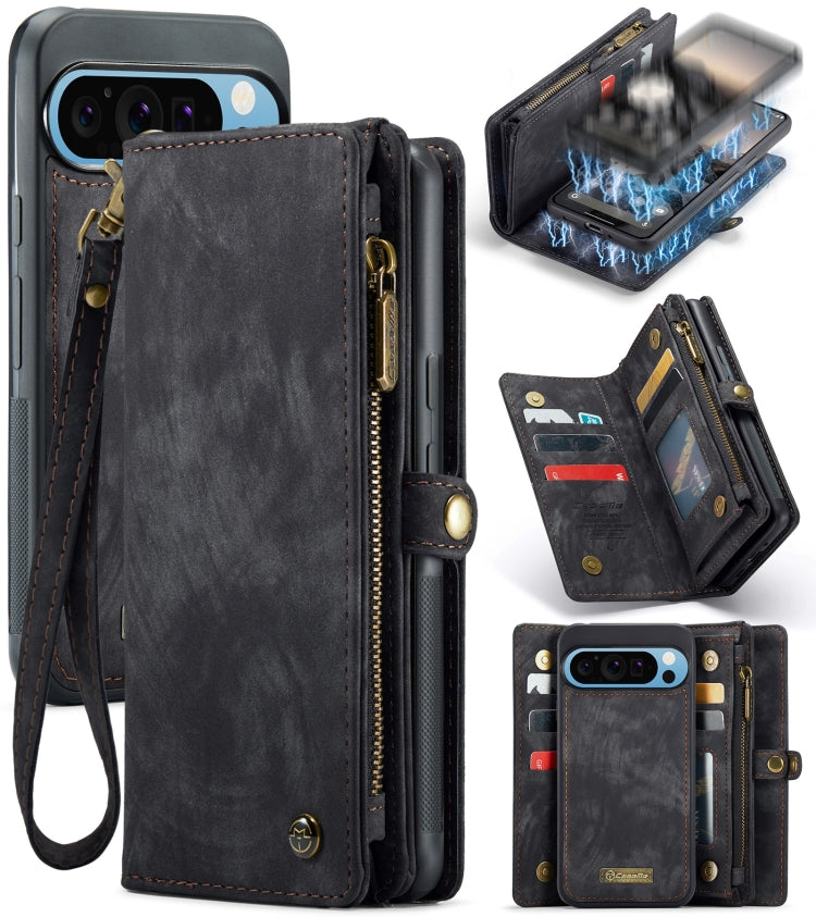 Black leather phone wallet case with wrist strap, zipper closure and card slot compartments