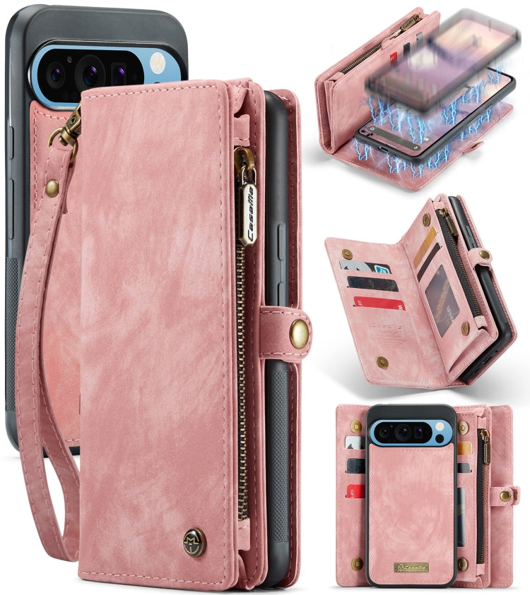 Pink leather phone wallet case with wrist strap, zipper closure and multiple card compartments