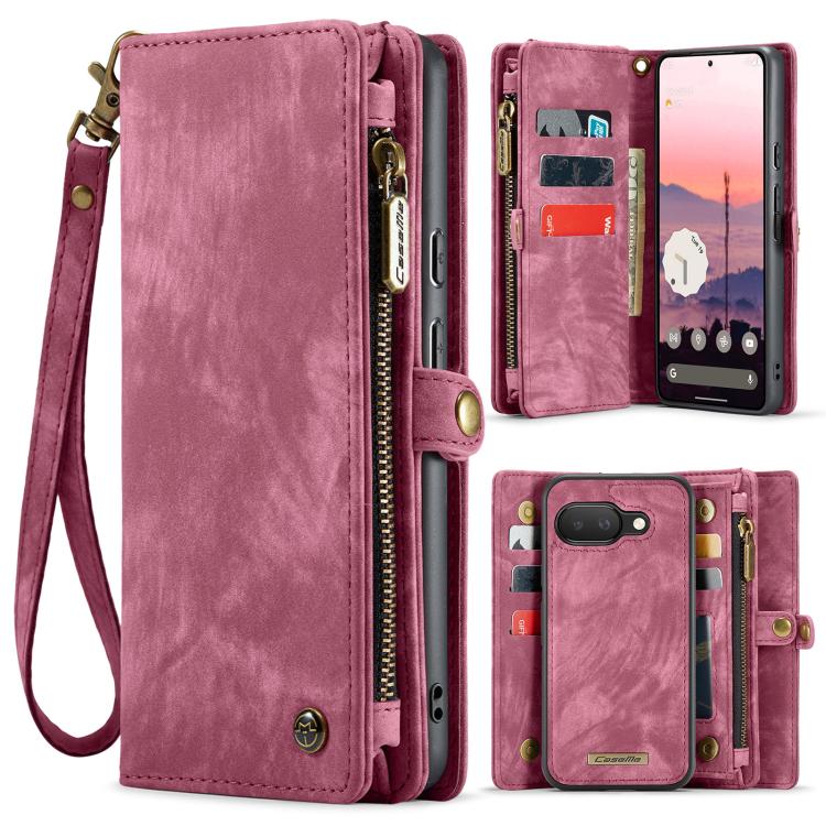 Pink leather phone wallet case with wrist strap and zipper closure, card slots inside