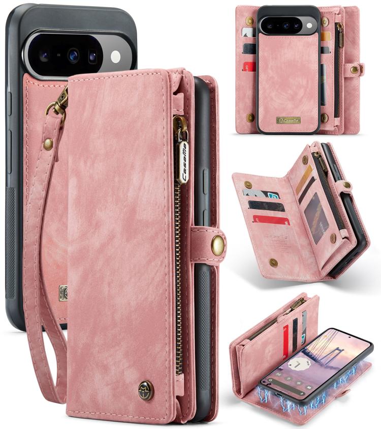Pink leather detachable phone wallet case with card slots and camera window