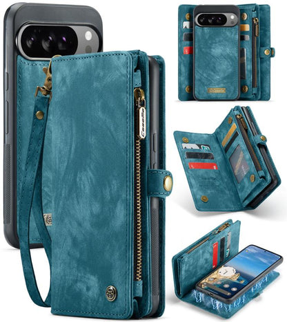 Teal leather phone wallet case with wrist strap and zipper closure.