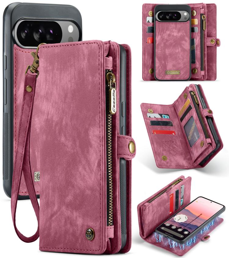 Pink leather detachable phone wallet case with wrist strap, card slots, and camera cutout