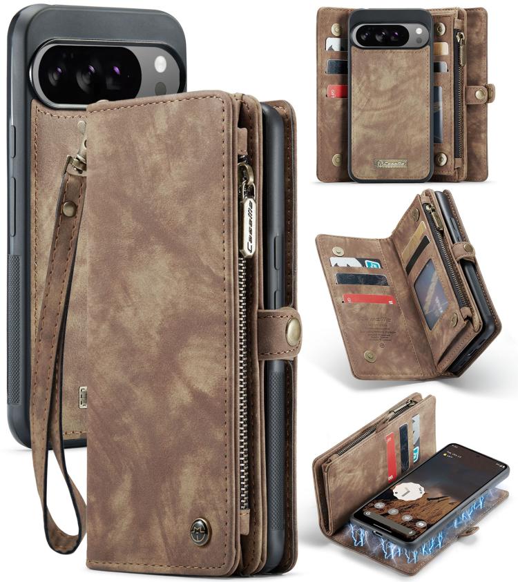 Brown leather detachable phone wallet case with card slots and wrist strap