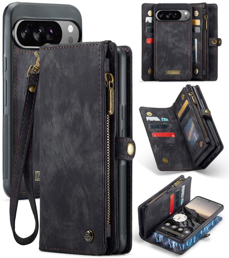 Black leather detachable phone wallet case with card slots and wrist strap