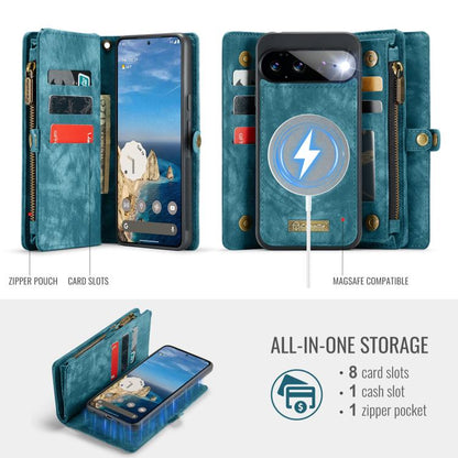 Teal leather MagSafe phone wallet case with zipper pouch and card slots, open view