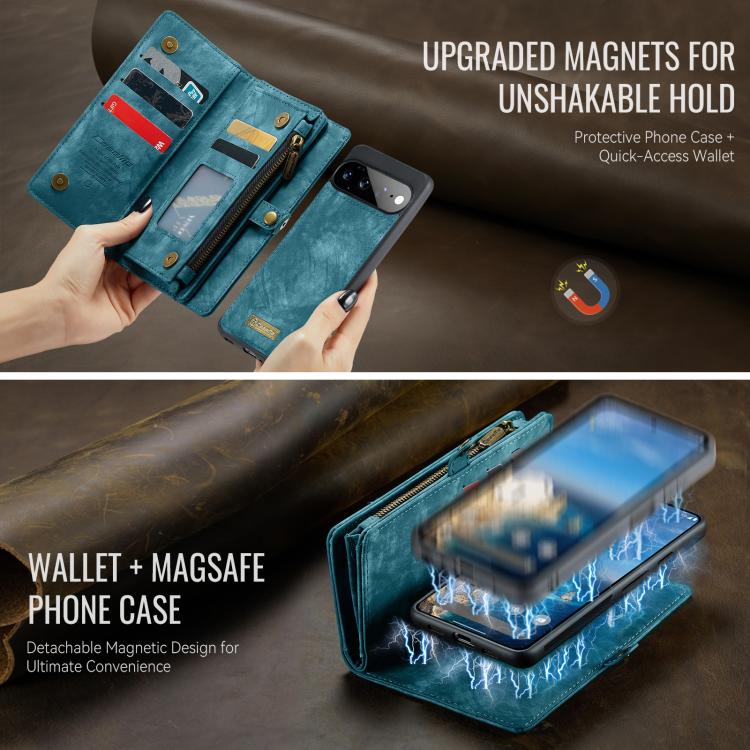 Teal leather detachable phone wallet case with secure magnetic closure and strap