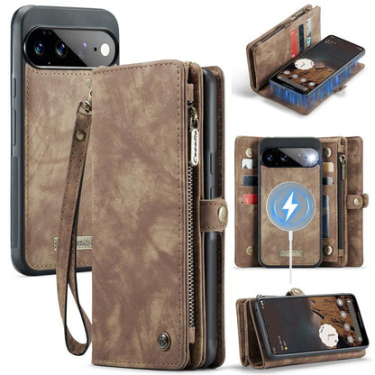 Brown leather phone wallet case with wrist strap and zipper closure.