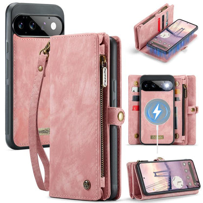 Pink leather phone wallet case with wrist strap and zipper front pocket.