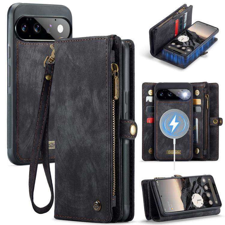 Black leather phone wallet case with wrist strap and multi-slot interior.
