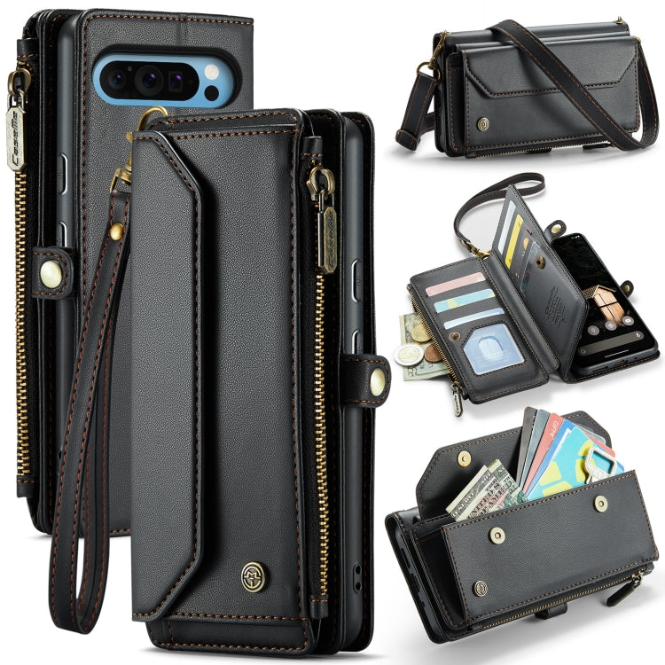 Black leather phone wallet case with zipper, card slots, and wrist strap.