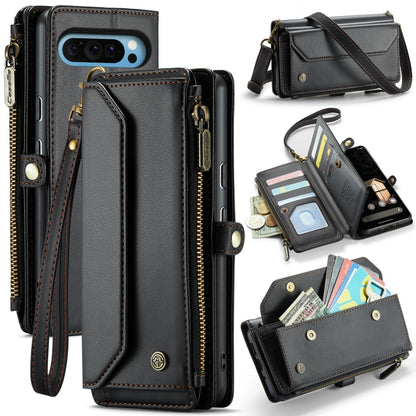 Black leather phone wallet case with zipper, card slots, and wrist strap.