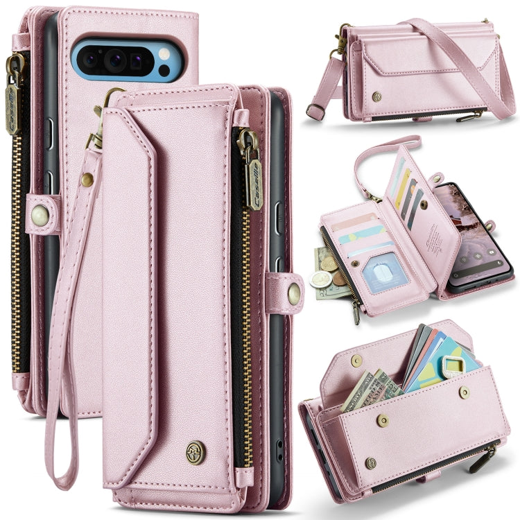 Light pink leather phone wallet case with zipper, card slots, and wrist strap.
